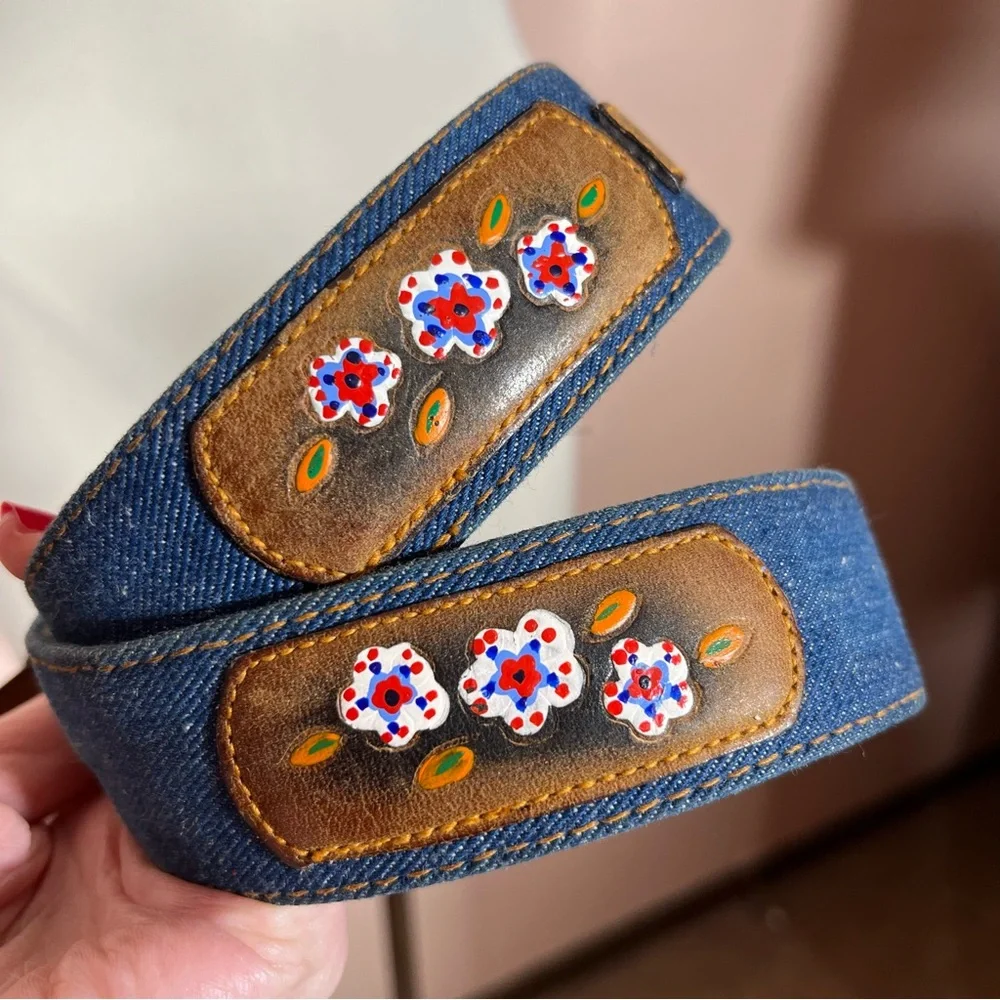 Vintage 1970 Hickok mod floral tooled Leather Denim Western Belt Festival sz 30